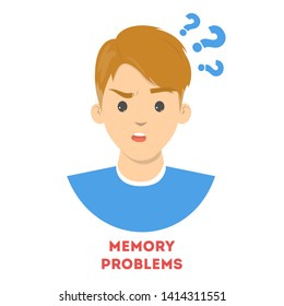 Man suffering from the memory problems. Confused person with question mark above. Brain disease symptom. Isolated vector illustration in cartoon style