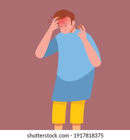 hombre que sufre de dolor de cabeza por migraña que se sostiene la cabeza con las manos, personaje de dibujos animados de ilustraciones vectoriales