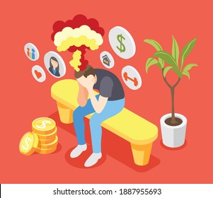 Man suffering from money stress relationship problems physical fatigue emotional exhaustion burnout colorful isometric composition vector illustration