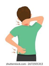 Hombre que sufre de dolor de cuello y espalda, vista de espalda