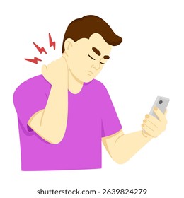 Man suffering from neck pain. Man in discomfort touching his neck while holding smartphone. Vector illustration