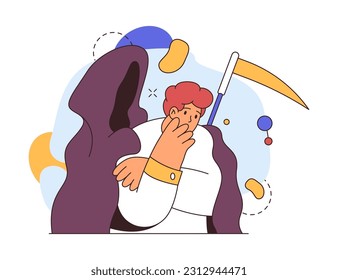 Man suffering from panic attack, fear of death flat cartoon vector illustration. Concept of fear of coming death or dead monster. Depressed man, fearful unhappy person suffer from nightmare