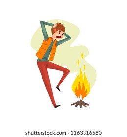 Man suffering from pyrophobia, irrational fear of fire, human fear concept vector Illustration on a white background