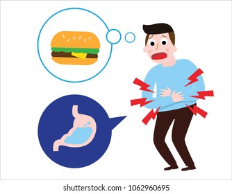 man suffering sad man is hungry.
thinks about burger. stomach ache concept.
Vector flat cartoon illustration icon design.
Isolated on white background.