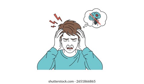 Man suffering from severe headache and mental distress experiencing cognitive overload and visual disturbances trying to cope with intense pressure