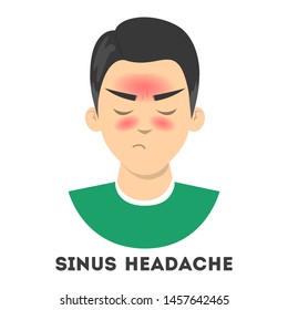 Man suffering from the sinus headache. Nasal infection, medical condition. Pain in the head because of the respiratory disease. Isolated vector illustration in cartoon style