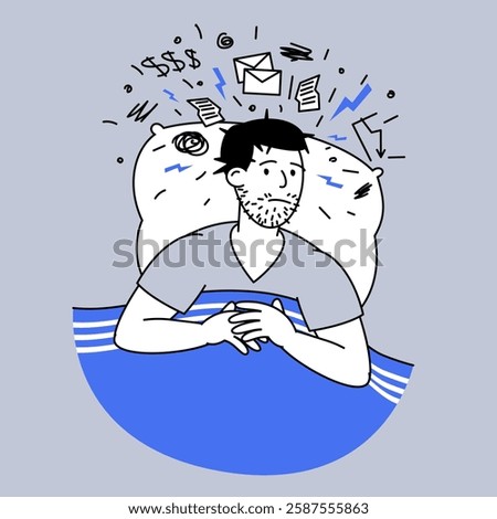 Man suffering from sleeplessness and Insomnia Man feeling anxious and depressed unable to sleep at night. Flat vector illustration.