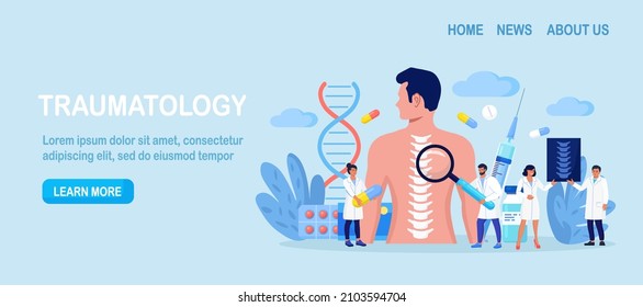 Man suffering from spine pain visiting osteopath. Tiny doctor examining xray of patient spine. Backache, rheumatism, deformity, vertebral inflammation treatment. Spine backbone disease diagnostics.
