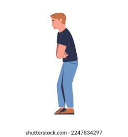 Man suffering from stomach pain. Man feeling pain in body caused by illness or injury cartoon vector illustration
