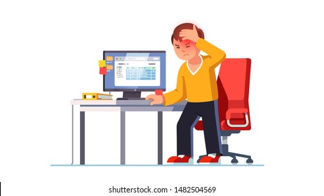 Man Suffering Sudden Brain Stroke Attack At Workplace Holding Head In Pain Standing Next To Computer Work Office Desk. Cerebral Hemorrhage Or Ischemic Seizure. Flat Vector Character Illustration 