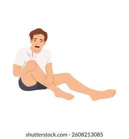 Man Suffering from Sudden Leg Pain. Indicating muscle cramps or injury. Flat vector illustration isolated on white background