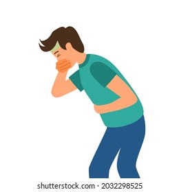 Man suffering from vomit and closing mouth in flat design. Nausea vomiting symptom.