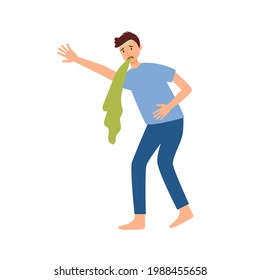 Man Suffering From Vomit In Flat Design. Nausea Throwing Up From Food Poisoning Or Drunk.