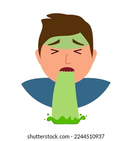 Hombre con vómito en diseño plano. Náuseas vomitando de un síntoma de intoxicación alimentaria o embriagado.