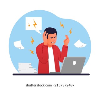 Man Suffering At Work. Young Guy Throws Papers In Anger. Overworked Employee At Laptop, Emotional Burnout. Pressure And Stress, Panic. Sick And Tired Person. Cartoon Flat Vector Illustration