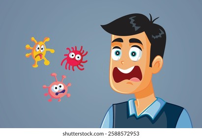 
Man Suffers from Bacteriophobia Screaming Out Loud Vector Cartoon. Stressed guy suffering from  germaphobia extreme behavior
