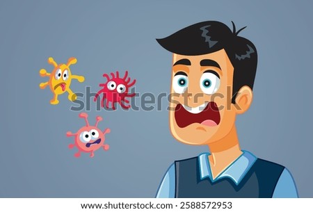 
Man Suffers from Bacteriophobia Screaming Out Loud Vector Cartoon. Stressed guy suffering from  germaphobia extreme behavior