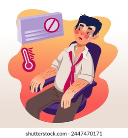 Man suffers from broken air conditioner on hot summer day and sweats sitting in office chair. Exhausted businessman returned from street received sunstroke and regrets lack of conditioner