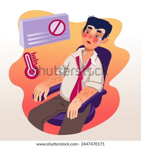 Man suffers from broken air conditioner on hot summer day and sweats sitting in office chair. Exhausted businessman returned from street received sunstroke and regrets lack of conditioner