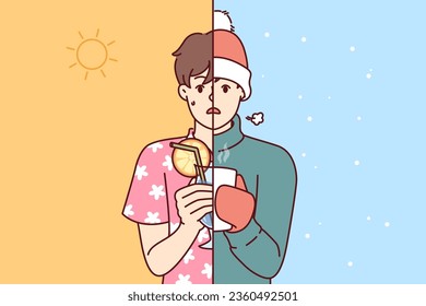 Man suffers from climatic contrast and feels unsatisfied due to abrupt change of summer and winter weather. Guy with cold cocktail and hot tea, upset because of sudden climate change