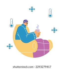 Man suffers from cold or chill in unheated room, flat cartoon vector illustration isolated on white background. Man freezing and trying to warm up with hot drink.