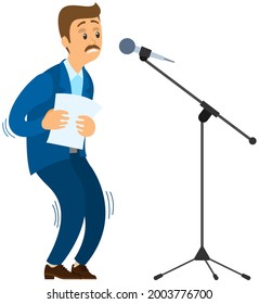 Man Suffers From Fear Of Public Speaking. Frightened Speaker Standing Near Microphone Is Afraid Of Giving Presentations To Audience. Person With Phobia Of Public Speaking Isolated On White Background