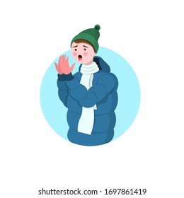 man suffers frostbite, boy with frozen hands in winter, cartoon flat vector stock illustration