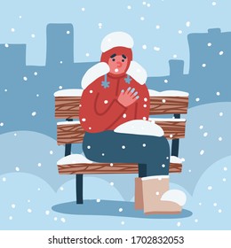 Man suffers from frostbite. A guy with frozen hands in winter sits on a bench covered in snow in winter. Vector flat hand drawn illustration
