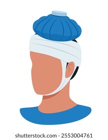 Man suffers from headache and applies ice pack to head. Head injury, trauma, first aid. Vector illustration