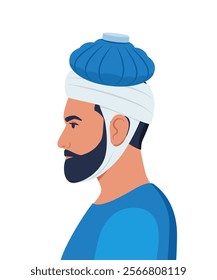 Man suffers from headache and applies ice pack to head. Head injury, trauma, first aid. Vector illustration