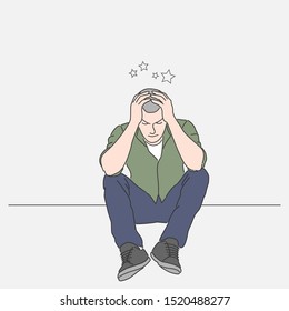 man suffers from a headache, sitting on the floor holding his head with his hands. Hand drawn style vector illustration design.