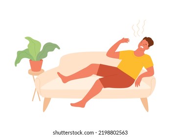 Man suffers from the heat lying at home on couch. Male sweats and waves his hand. Unhappy guy feeling sick. Wilted flower. Global warming and extreme heat concept. Vector illustration.