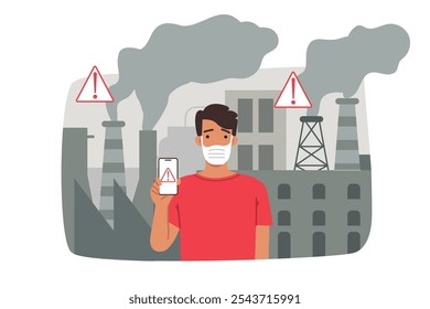 O homem sofre de emissões industriais de fumaça e de substâncias nocivas, estando perto da fábrica. O cara mostra avisos sobre emissões industriais no telefone, querendo salvar a natureza e o meio ambiente.