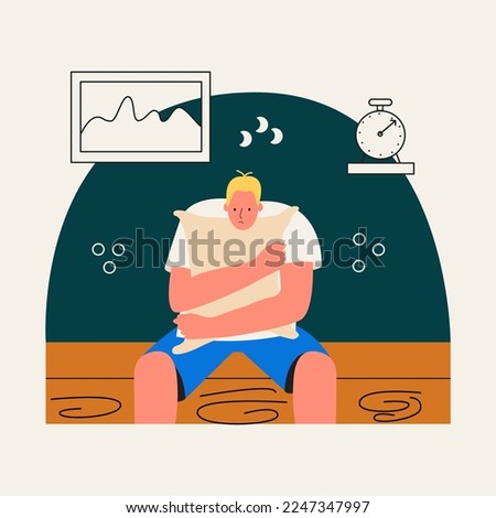 The man suffers from insomnia, anxiety, lack of sleep. A young guy hugs a pad and cannot fall asleep. Vector illustration in flat style Stock photo © 
