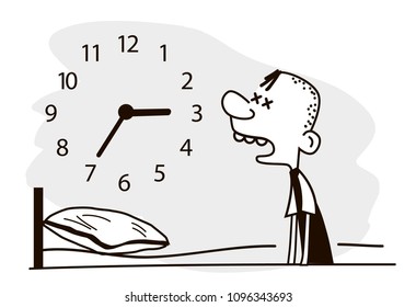 Man suffers Insomnia. Funny vector.