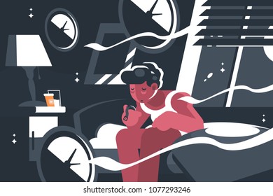 Man suffers from insomnia. Guy sits at night on bed. Vector illustration