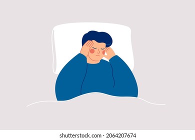 Man Suffers From Insomnia And Had Difficulty Falling Asleep. Boy Has Headaches During Nighttime. Sleepy Male Lying On Bed And Touching His Temple. Insomnia And Trouble Sleeping Disorder. Vector Illus