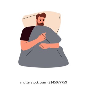 Man Suffers From Insomnia And Had Difficulty Falling Asleep. Insomnia And Trouble Sleeping Disorder. Flat Vector Illustration Isolated On White Background
