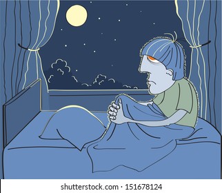 Man suffers from insomnia in his bed.Vector sleepless man with open eyes in darkness night in his bed room