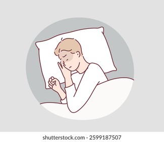man suffers from insomnia. man lying on pillow, suffering from headache and having difficulty falling asleep. Hand drawn style vector design illustrations.