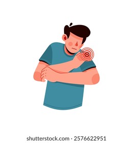 Man suffers from muscle and joint pain. Male holds the shoulder because muscle cramps, shoulder injury, symptom of flu. Flat vector illustration isolated on white background