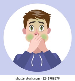 Man suffers from nausea. Symptom of disease, problem with health. Sickness and illness. Isolated flat vector illustration