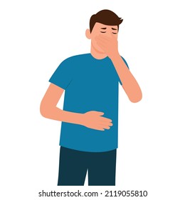 The man suffers from nausea.  Vomiting. Symptom of illness, health problems. Poisoning,Abdominal pain.Isolated flat vector illustration