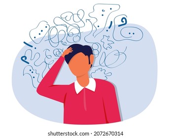 Man suffers from obsessive thoughts; headache; unresolved issues; psychological trauma; depression Mental stress panic mind disorder illustration Flat vector illustration 