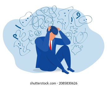 man suffers from obsessive thoughts; headache; unresolved issues; psychological trauma; depression.Mental stress panic mind disorder illustration Flat vector illustration.