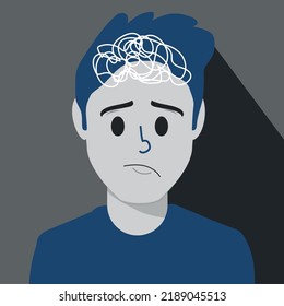 Man suffers from obsessive thoughts; headache; unresolved issues; psychological trauma; depression Mental stress panic mind disorder illustration Flat vector illustration 