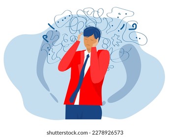 man suffers from obsessive thoughts; headache; unresolved issues; psychological trauma; depression Mental stress panic mind disorder illustration Flat vector illustration 