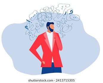 Man suffers from obsessive thoughts; headache; unresolved issues; psychological trauma; depression.Mental stress panic mind disorder illustration Flat vector illustration.