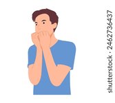 Man suffers from panic attack by biting his own nails. Vector character illustration