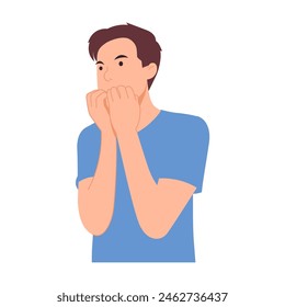 Man suffers from panic attack by biting his own nails. Vector character illustration